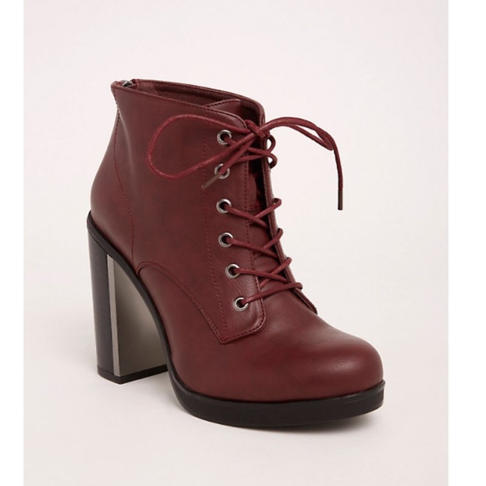 WINE METAL HEEL LACE UP BOOTIES WW